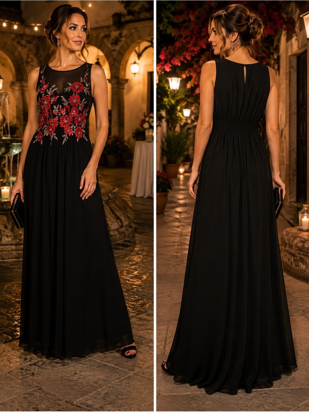 Sleeveless Black Maxi Dress with Red Floral Appliqué by